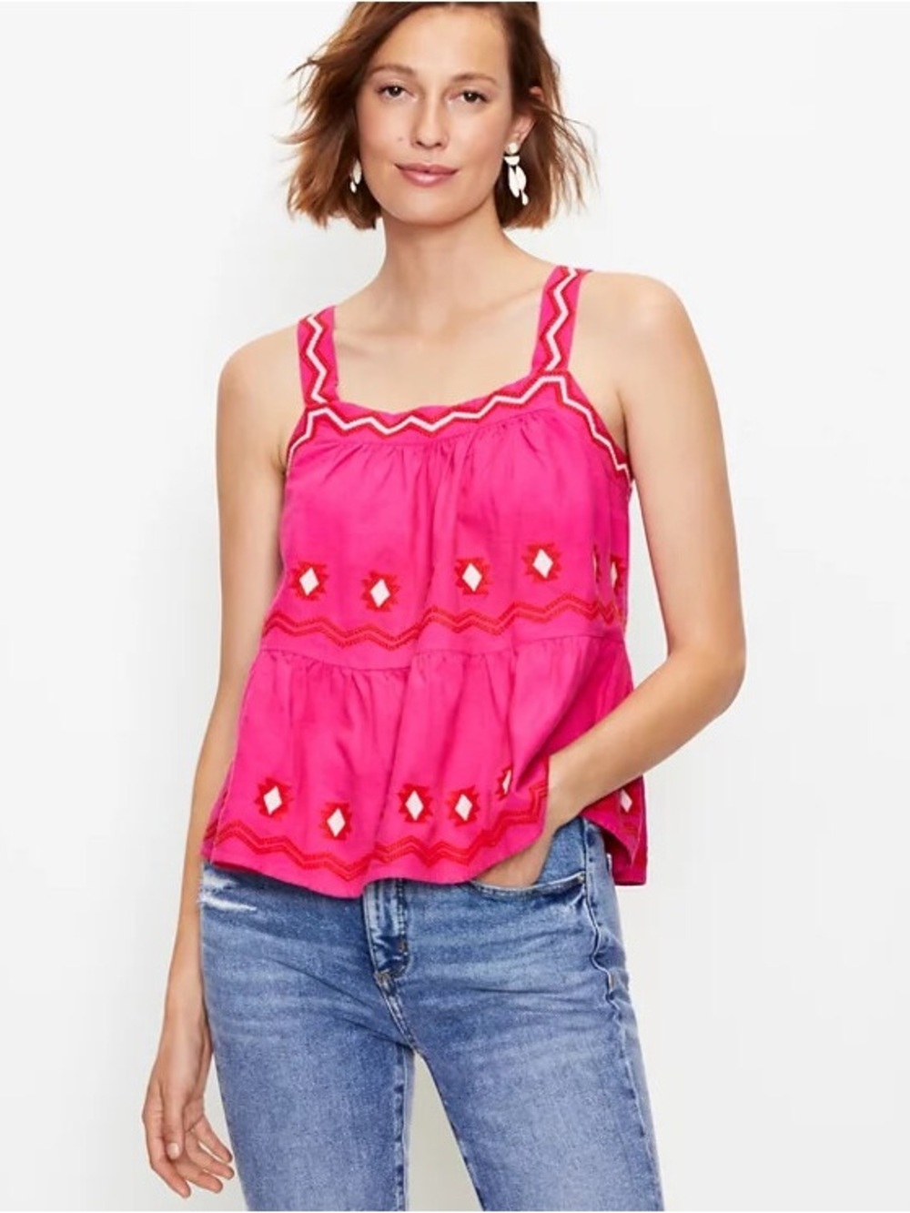 Ann Taylor LOFT Hot Pink Embroidered Tiered Linen Swing Tank- SP would fit small
